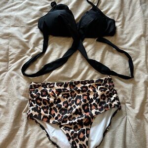 Black and Leopard Print Bikini Set